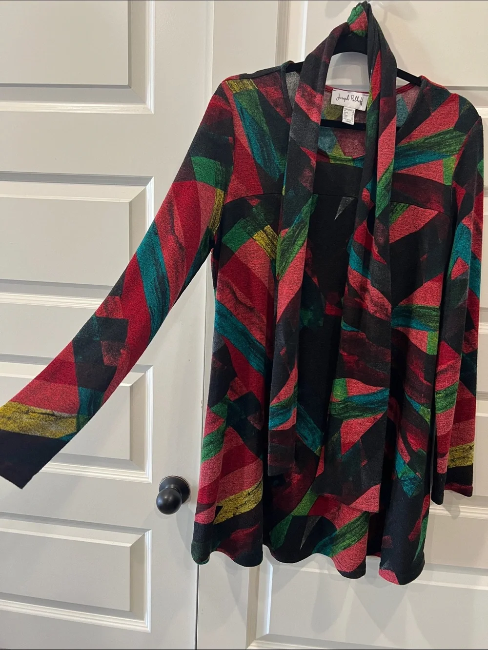 Joseph Ribkoff Long sleeve Mini Dress in Black/Green/Red with belt/scarf US 12 - Picture 2 of 5